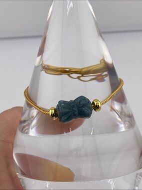 Genuine Blue Water Jadeite Bracelet - Natural Carved Charm on Gold Snake Chain